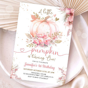 Little Pumpkin 1st Birthday Pink Gold Girls Invitation