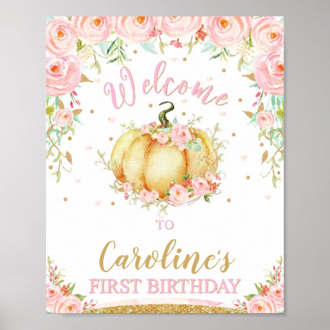 Little Pumpkin 1st Birthday Welcome Poster Sign (Front)