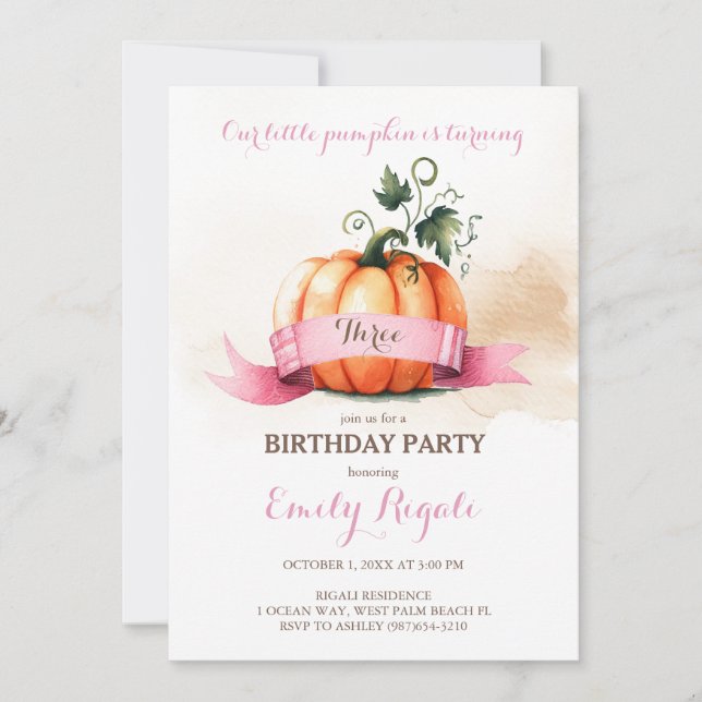 Little Pumpkin 3rd Birthday Party Invitation Girl (Front)