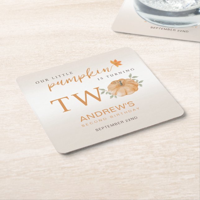  Little Pumpkin Autumn Fall 2nd Birthday Square Paper Coaster (Angled)