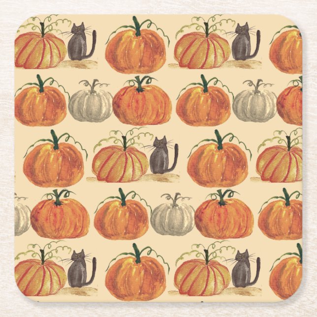 Little Pumpkin Autumn Fall Cat Baby Shower Square Paper Coaster (Front)