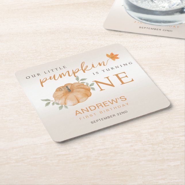  Little Pumpkin Autumn Fall First 1st Birthday Square Paper Coaster (Angled)