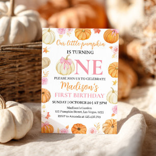 Little Pumpkin Autumn Fall Girl 1st Birthday Invitation