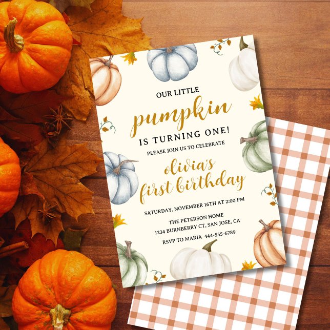 Little Pumpkin Autumn First Birthday  Invitation (Rustic pumpkin birthday invite with colorful pumpkins and editable party text)