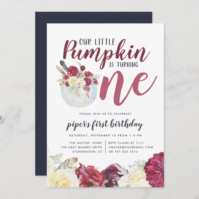 Little Pumpkin Autumn Floral First Birthday Party Invitation (Front/Back)