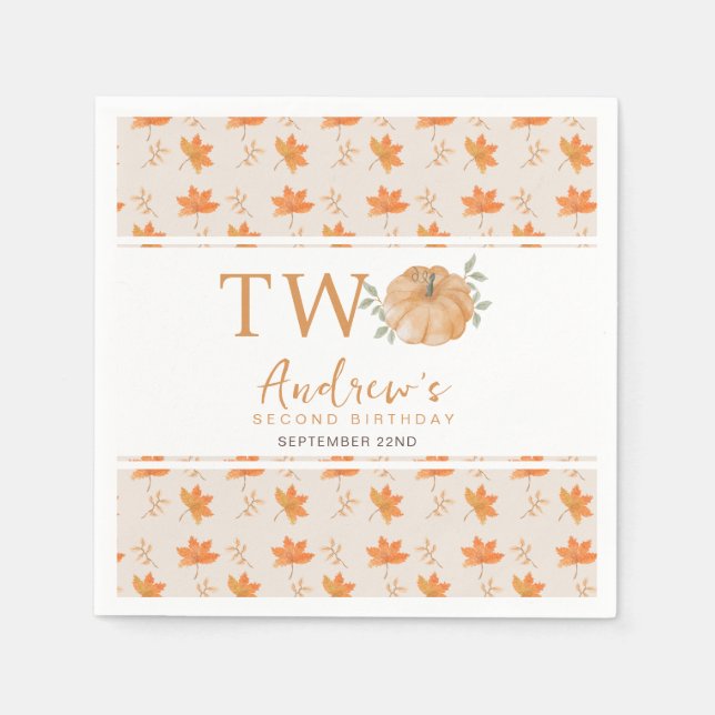 Little Pumpkin Autumn Leaf Fall 2nd Birthday Napkin (Front)