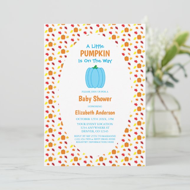 Little Pumpkin Autumn Leaves Baby Shower Invitation (Standing Front)