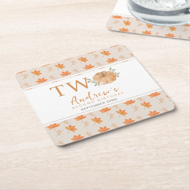 Little Pumpkin Autumn Pattern 2nd Birthday Square Paper Coaster (Angled)