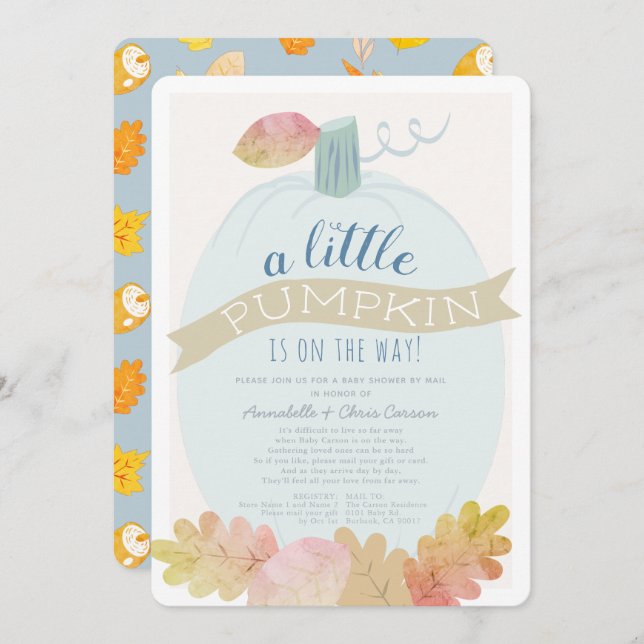 Little Pumpkin Baby Blue Baby Shower by Mail Invitation (Front/Back)