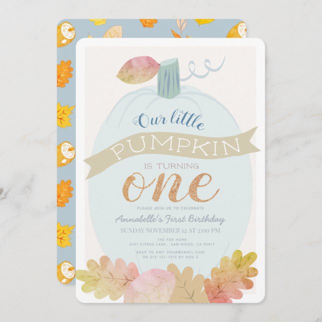 Little Pumpkin Baby Blue Boy 1st Birthday Invitation (Front/Back)