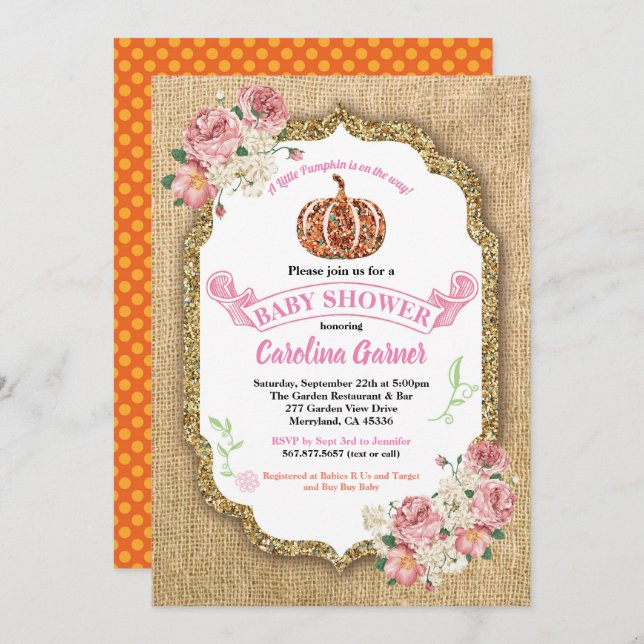 Little pumpkin baby girl shower invitation burlap (Front/Back)