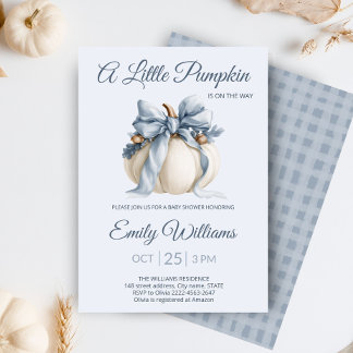 Little Pumpkin Baby Shower | Blue Bow Fall Boy Invitation