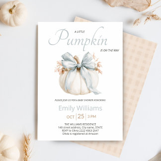 Little Pumpkin Baby Shower | Dusty Blue Ribbon Invitation