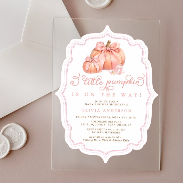 Little Pumpkin Baby Shower Fall Pink Bow  Acrylic Invitations (Creator Uploaded)