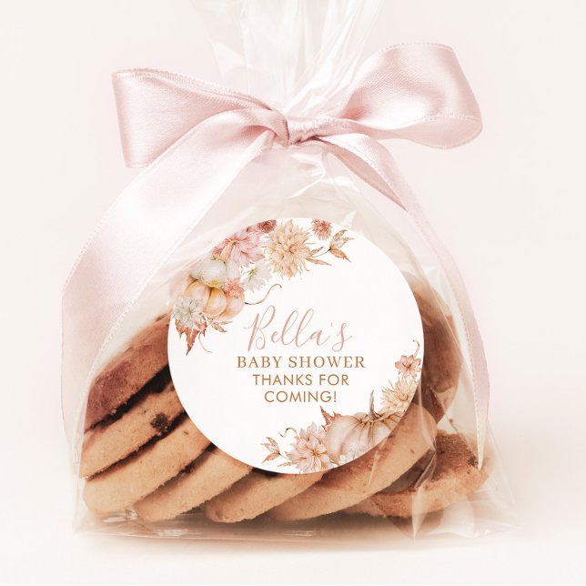 Little Pumpkin Baby Shower Fall Pink Floral Favour Classic Round Sticker (Fall Pumpkin Baby Shower Favor Stickers)