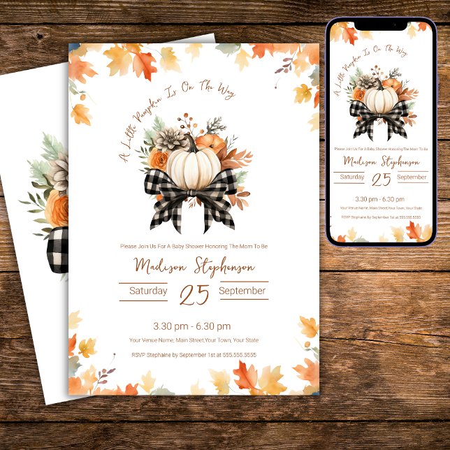 Little Pumpkin Baby Shower Floral & Buffalo Plaid  Invitation (Creator Uploaded)
