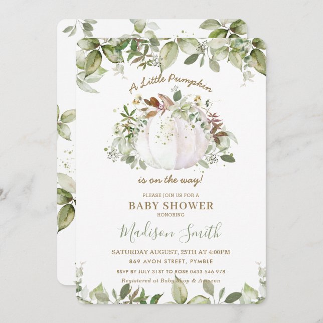 Little Pumpkin Baby Shower Greenery Gender Neutral Invitation (Front/Back)