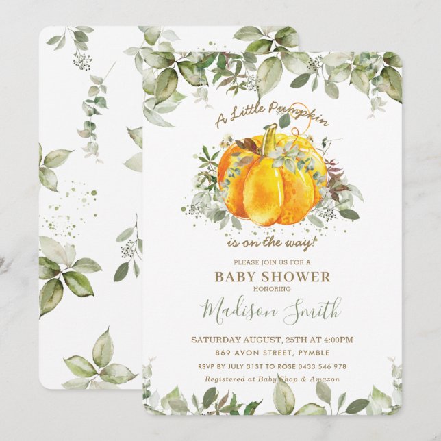 Little Pumpkin Baby Shower Greenery Gender Neutral Invitation (Front/Back)