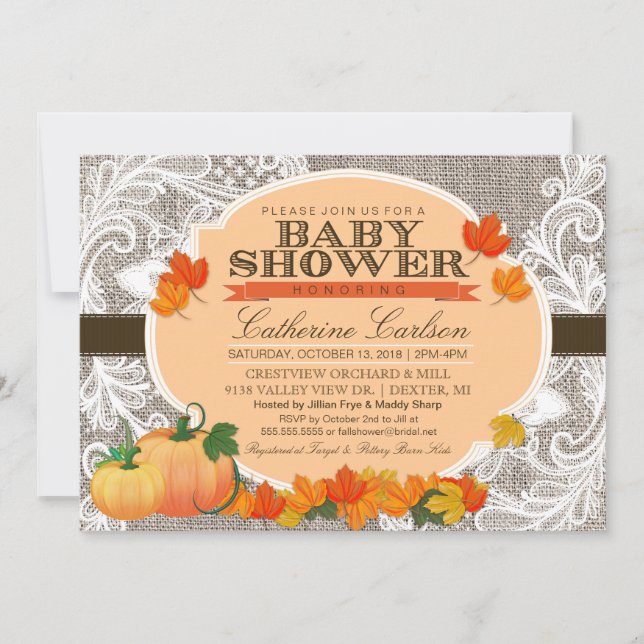 Little Pumpkin Baby Shower Invitation, Burlap Lace Invitation (Front)