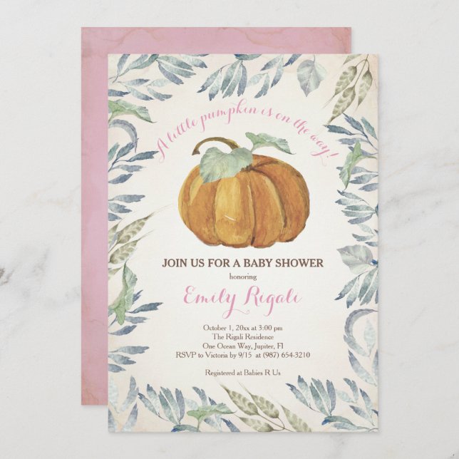 Little Pumpkin Baby Shower Invitation, Girl Invitation (Front/Back)