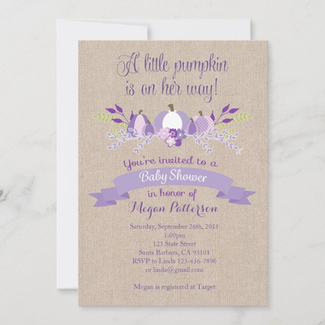 Little Pumpkin Baby Shower Invitation- Lavender Invitation (Front)