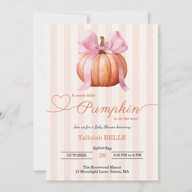 Little Pumpkin Baby Shower Invitation – Pink Bow (Front)