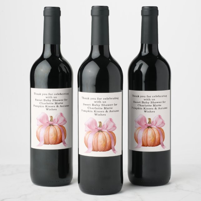 Little Pumpkin Baby Shower – Pink Bow Fall  Wine Label (Bottles)