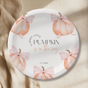 Little Pumpkin Baby Shower Pink Gingham Bow Paper Plate