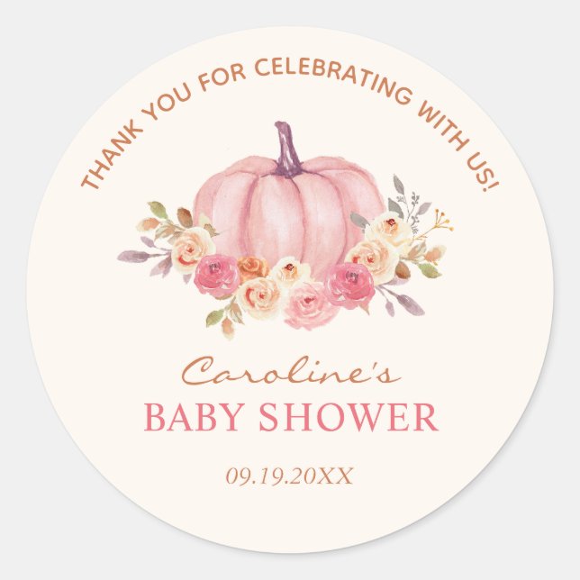 Little Pumpkin Baby Shower Pink Girl  Classic Round Sticker (Front)