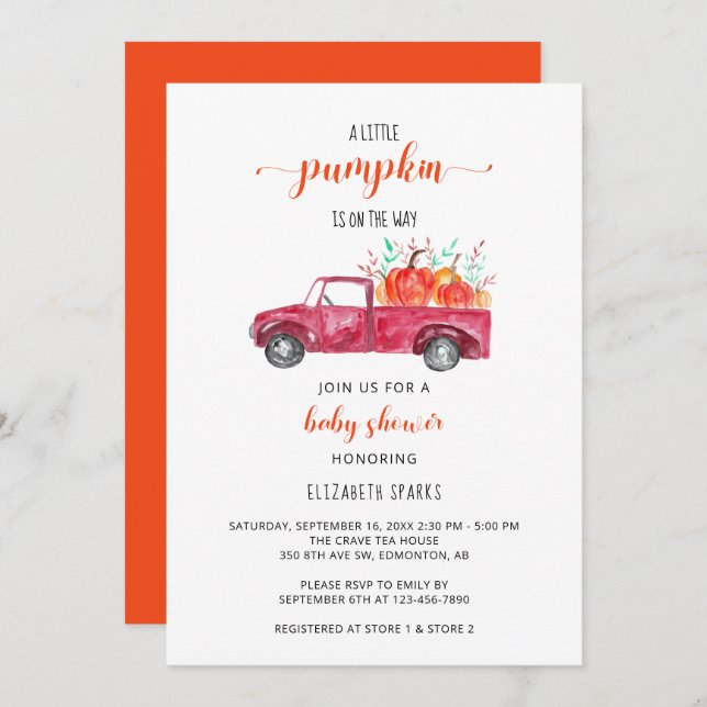 Little Pumpkin Baby Shower Red Truck Fall Autumn Invitation (Front/Back)