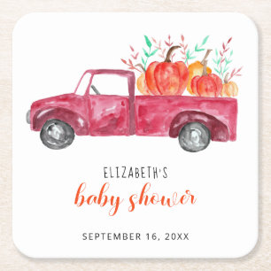 Little Pumpkin Baby Shower Red Truck Fall Cute Square Paper Coaster