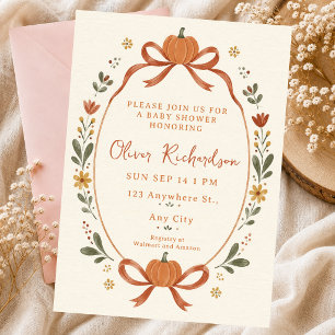 Little Pumpkin Baby Watercolor Bow Fall Autumn Invitation