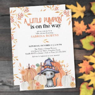 Little Pumpkin Black Cat in Witch Hat Baby Shower Invitation