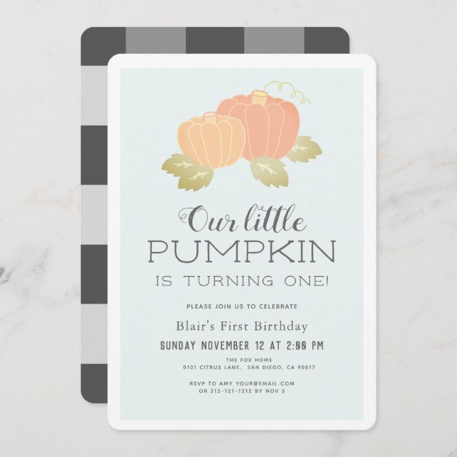 Little Pumpkin Blue Black 1st Birthday Invitation (Front/Back)