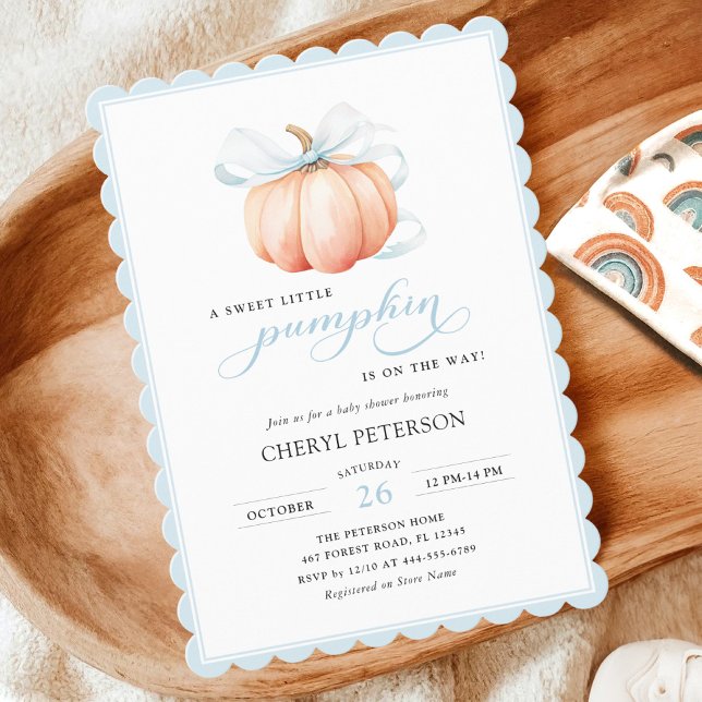 Little Pumpkin Blue Bow Baby Shower Invitation (Creator Uploaded)