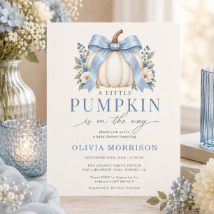Little Pumpkin Blue Bow Boy Baby Shower Invitation