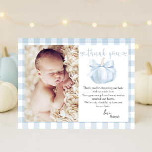 Little Pumpkin Blue Bow Photo Baby Shower Thank You Card