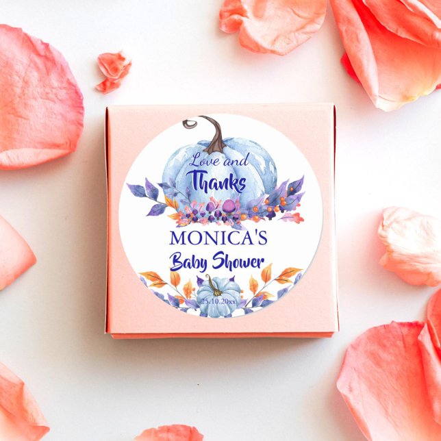 Little pumpkin blue boy baby shower favour classic round sticker (Little pumpkin boy baby shower  thank you favor gift stickers blue pumpkin autumn foliage favor)