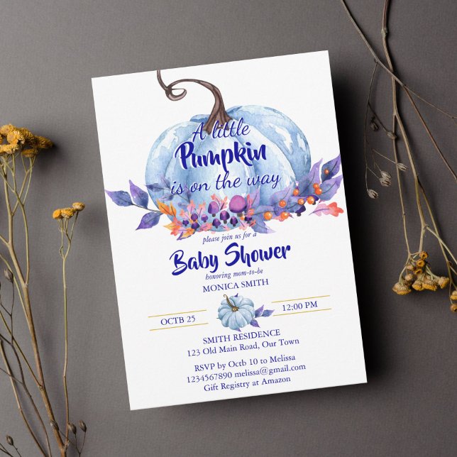Little pumpkin blue boy baby shower invitation (Little pumpkin fall baby shower blue pumpkin boys baby shower template invitation instant download)