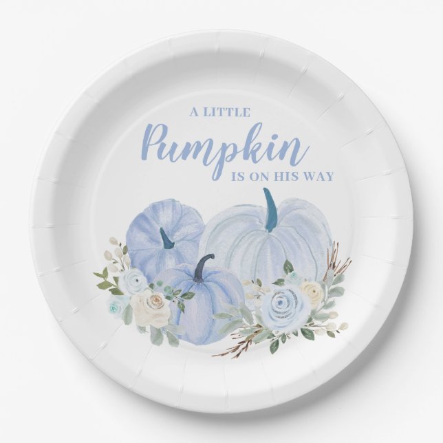 Little Pumpkin Blue Boy Baby Shower Paper Plate (Front)