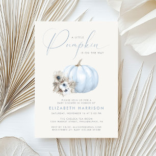 Little Pumpkin Blue Fall Baby Boy Shower Invitation