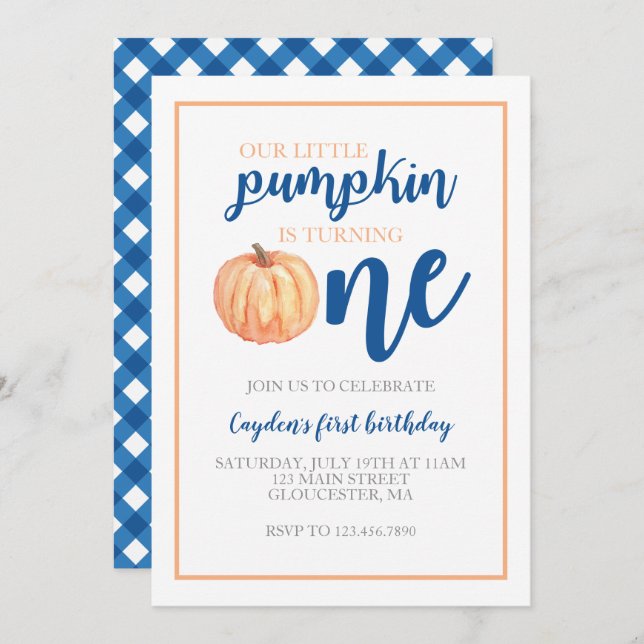 Little Pumpkin Blue Fall First Birthday Invitation (Front/Back)