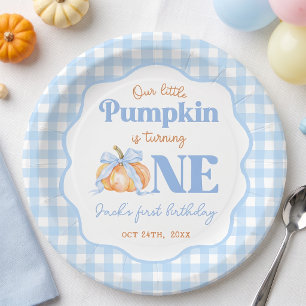 Little Pumpkin Blue Gingham Birthday Paper Plates