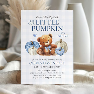 Little Pumpkin Blue Gingham Fall Boy Baby Shower Invitation