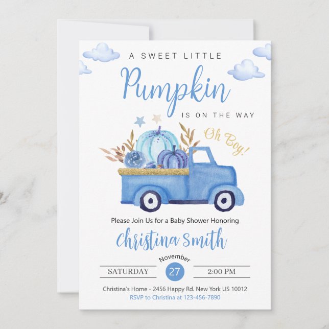 Little Pumpkin Blue Rustic Truck Baby Boy Shower Invitation (Front)