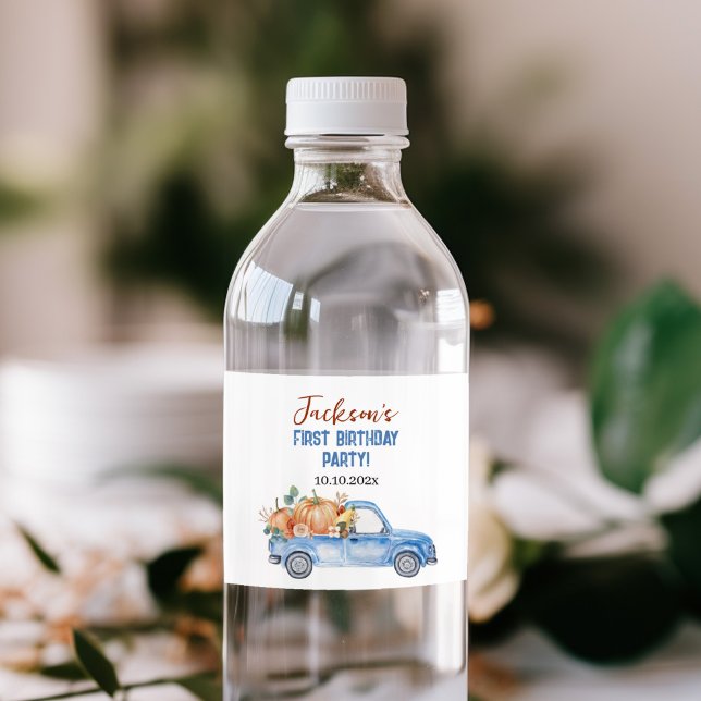 Little Pumpkin Blue Truck 1st Birthday  Water Bottle Label (Creator Uploaded)