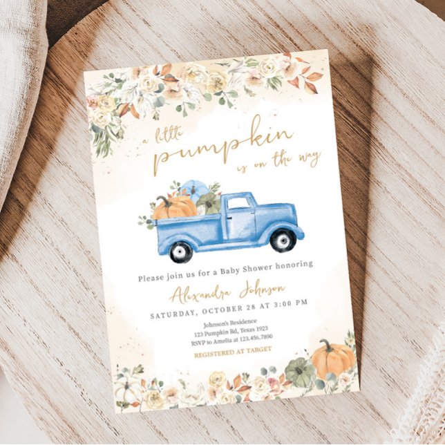 Little Pumpkin Blue Truck Baby Shower  Invitation (Pumpkin Blue Truck Baby Shower Invitation)