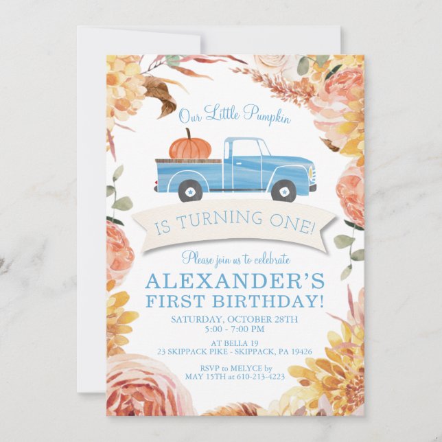 Little PUMPKIN Blue Truck Boy 1st Birthday Party I Invitation (Front)