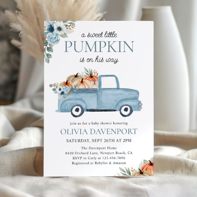 Little Pumpkin Blue Truck Fall Boy Baby Shower Invitation (Creator Uploaded)