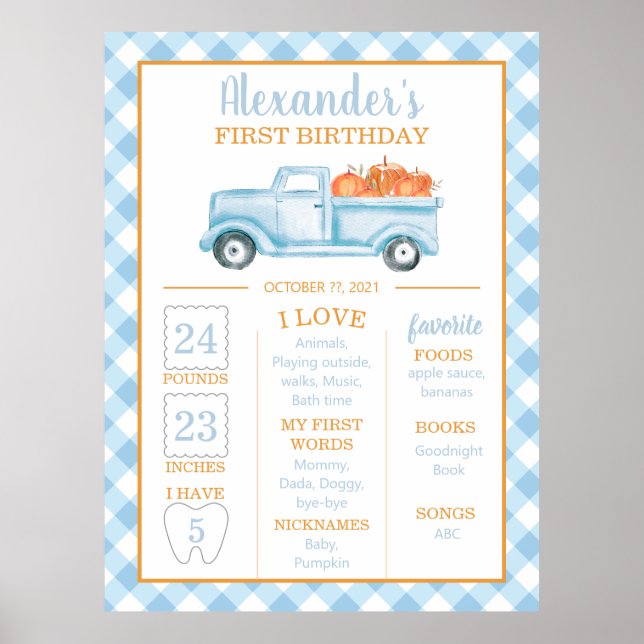 Little Pumpkin blue truck first birthday milestone Poster (Front)